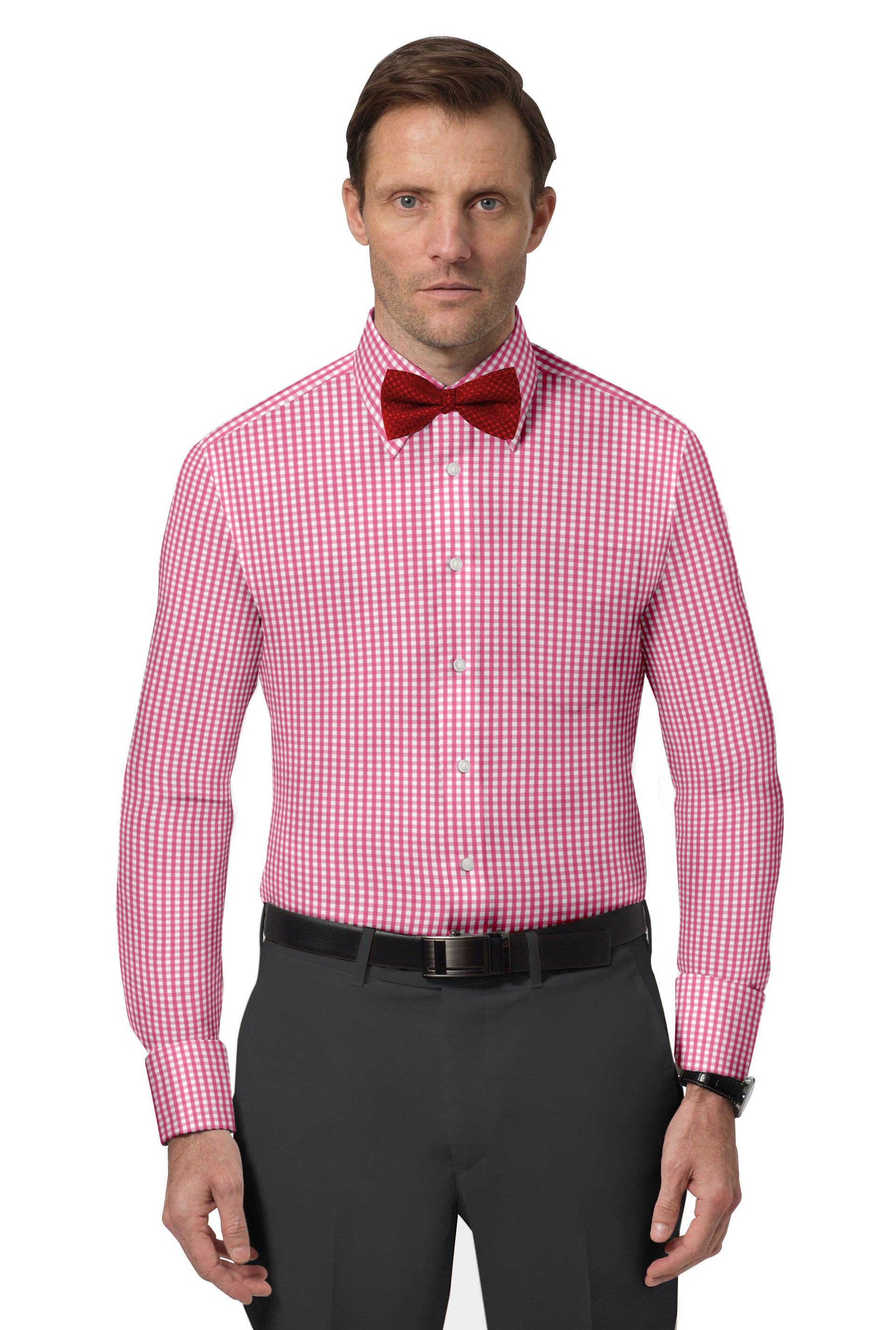 Pink Gingham Shirt Tie Long Sleeve Dress Shirt (Carnation Pink